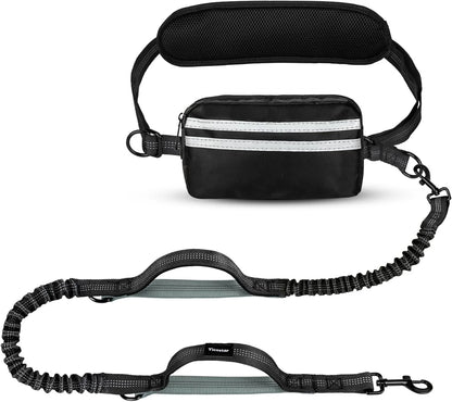 Hands Free Dog Leash with Pouch, Double Leash for Two Dogs, Retractable Bungee with Double Padded Handles, Dog harness