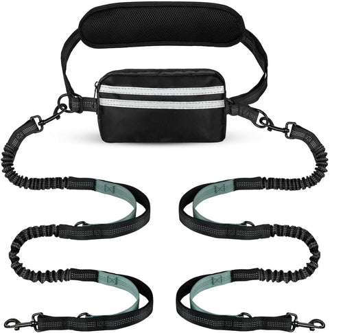 Hands Free Dog Leash with Pouch, Double Leash for Two Dogs, Retractable Bungee with Double Padded Handles, Dog harness